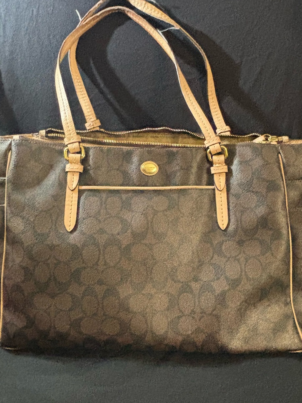 Coach diaper bag Brown Signature Tote with Tan Trim